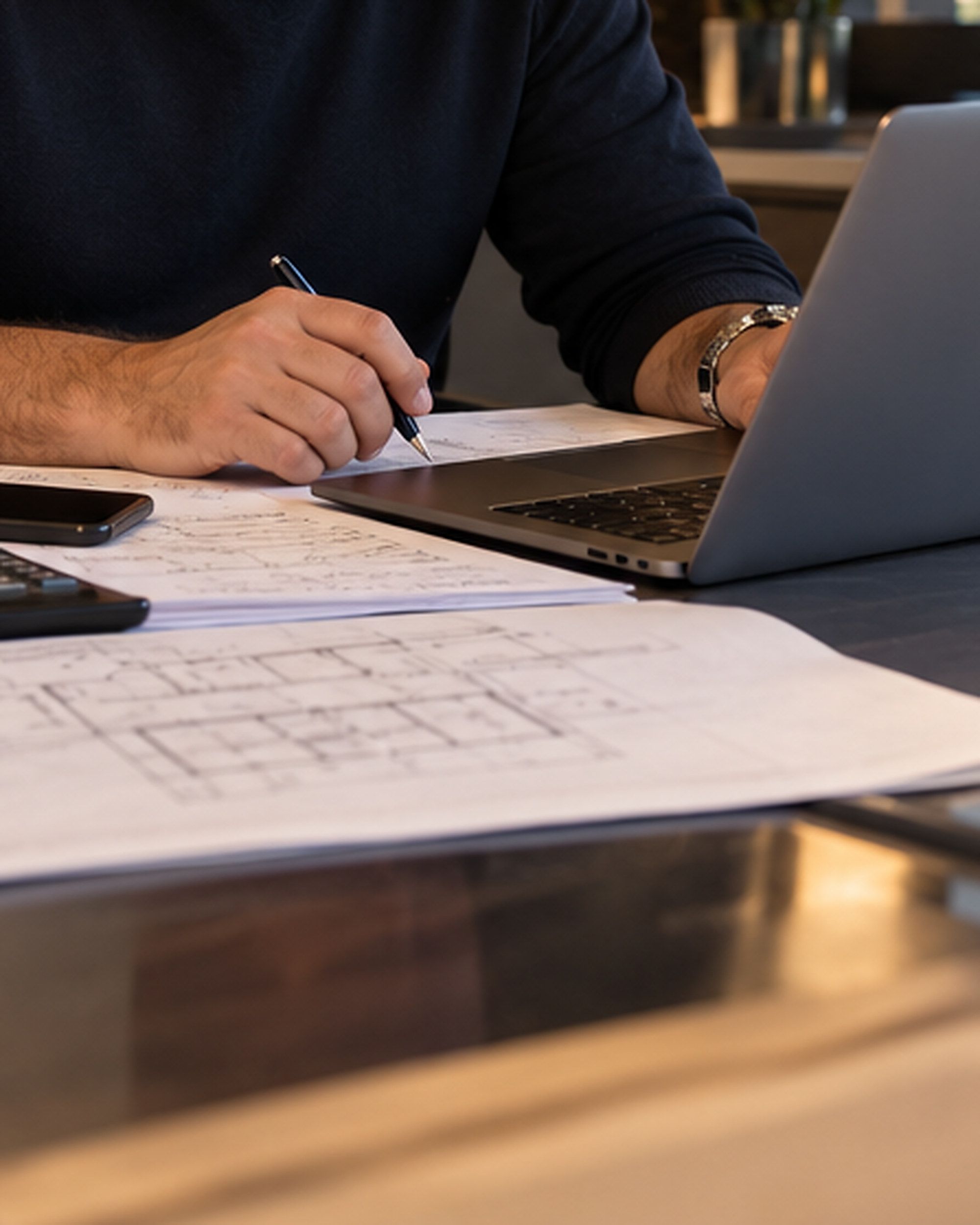 Arbeitsplanung am Schreibtisch: Grundrisspläne, Notizen und Laptop