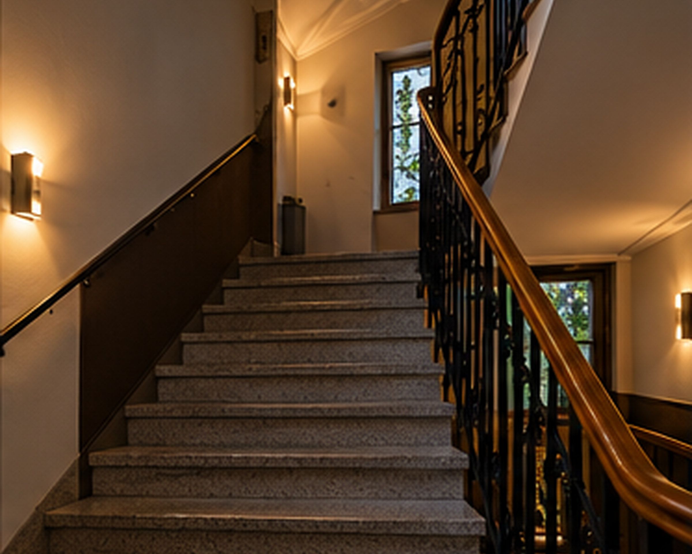 Treppenhaus eines Mehrfamilienhauses mit Steinstufen und Holzhandlauf im Abendlicht