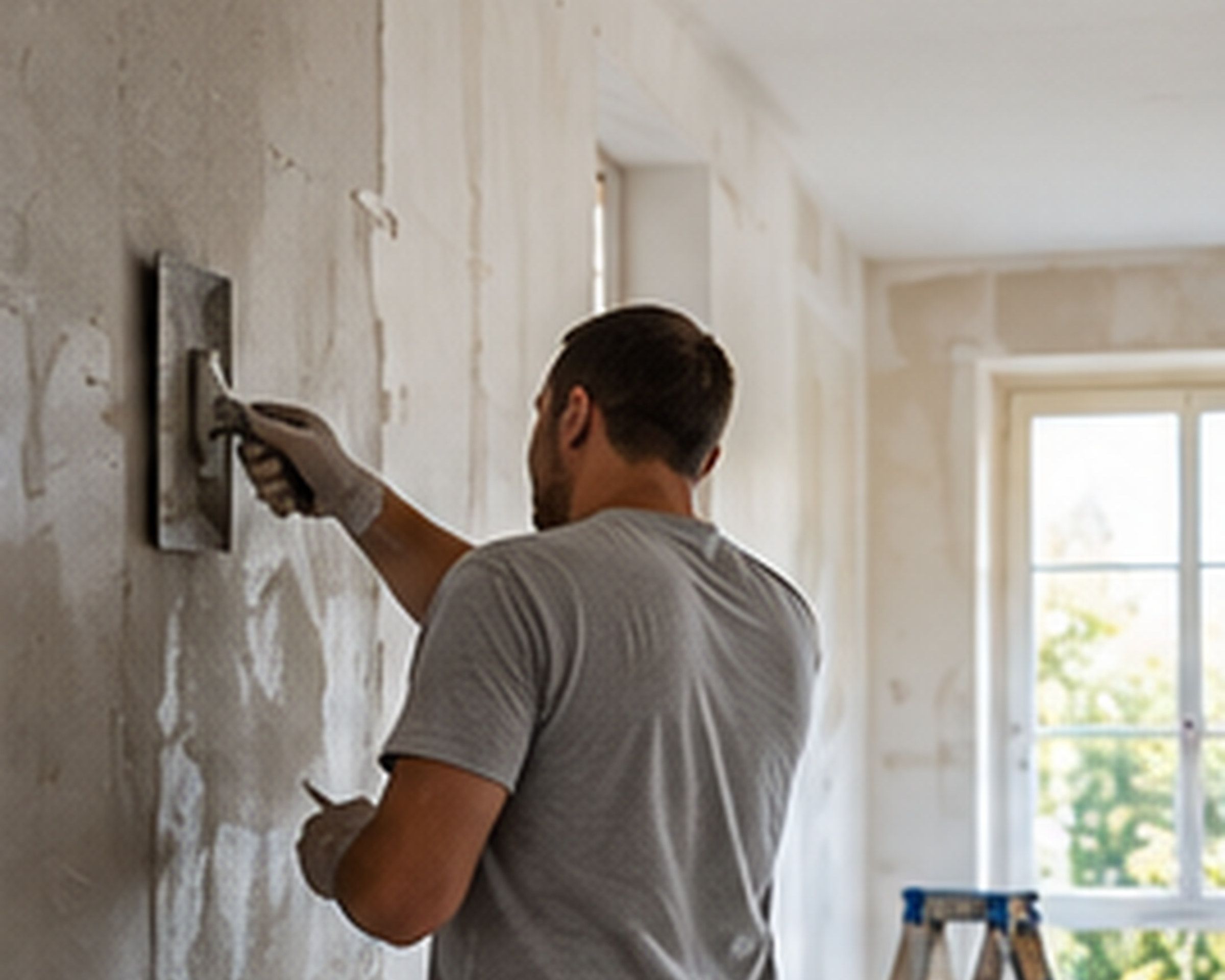 Handwerker spachtelt eine Wand in einer leeren Altbauwohnung, seitliches Tageslicht